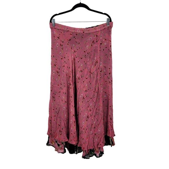 Vintage Reversible Floral Maxi Skirt M Black Pink Ditzy Ruffle Rayon India Boho - Picture 7 of 16